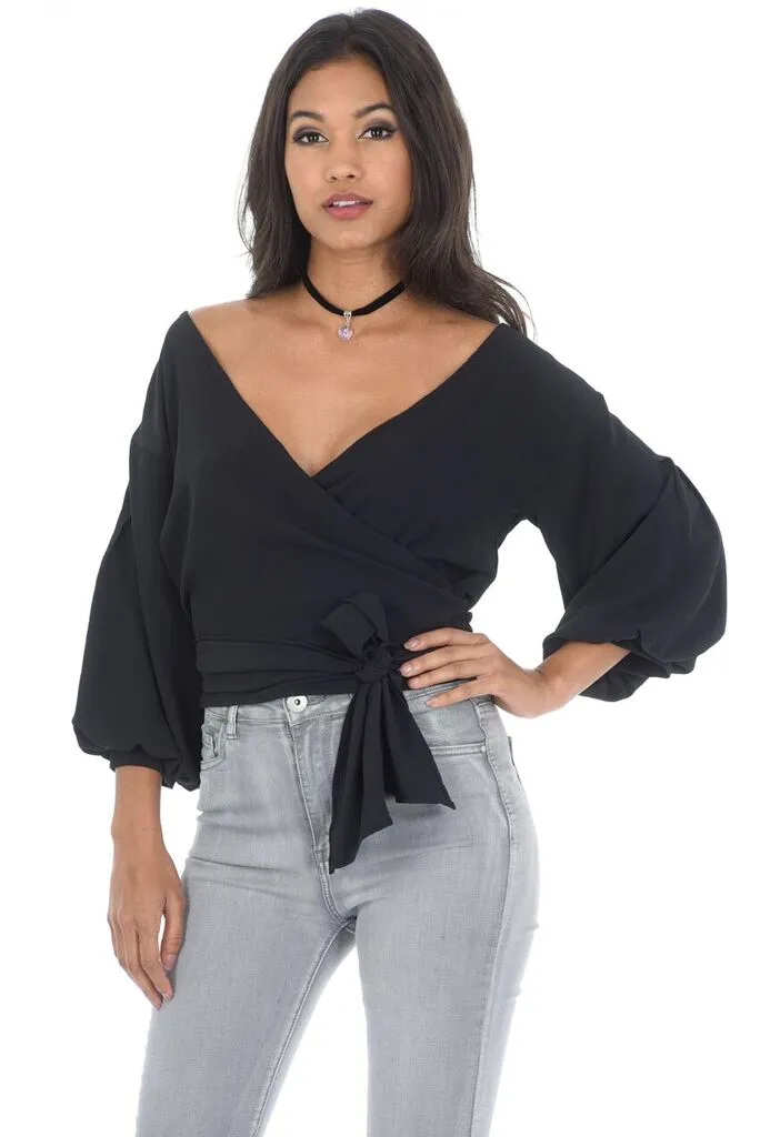 Black Wrap Cropped Tie Top sold by AX Paris