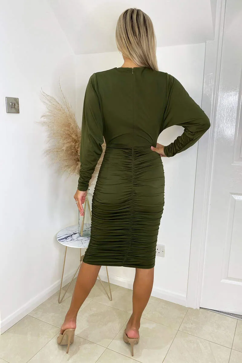 Olive Ruched Wrap Top Midi Dress sold by AX Paris product image thumbnail 4