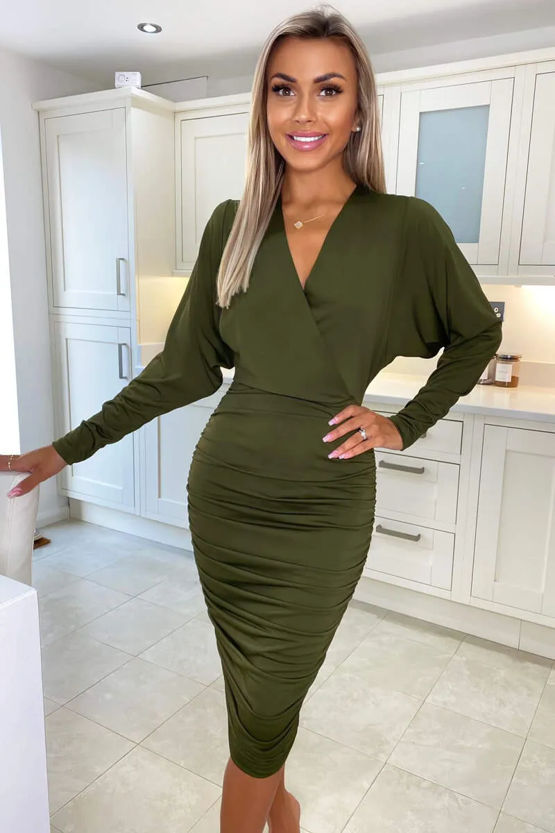 Olive Ruched Wrap Top Midi Dress sold by AX Paris