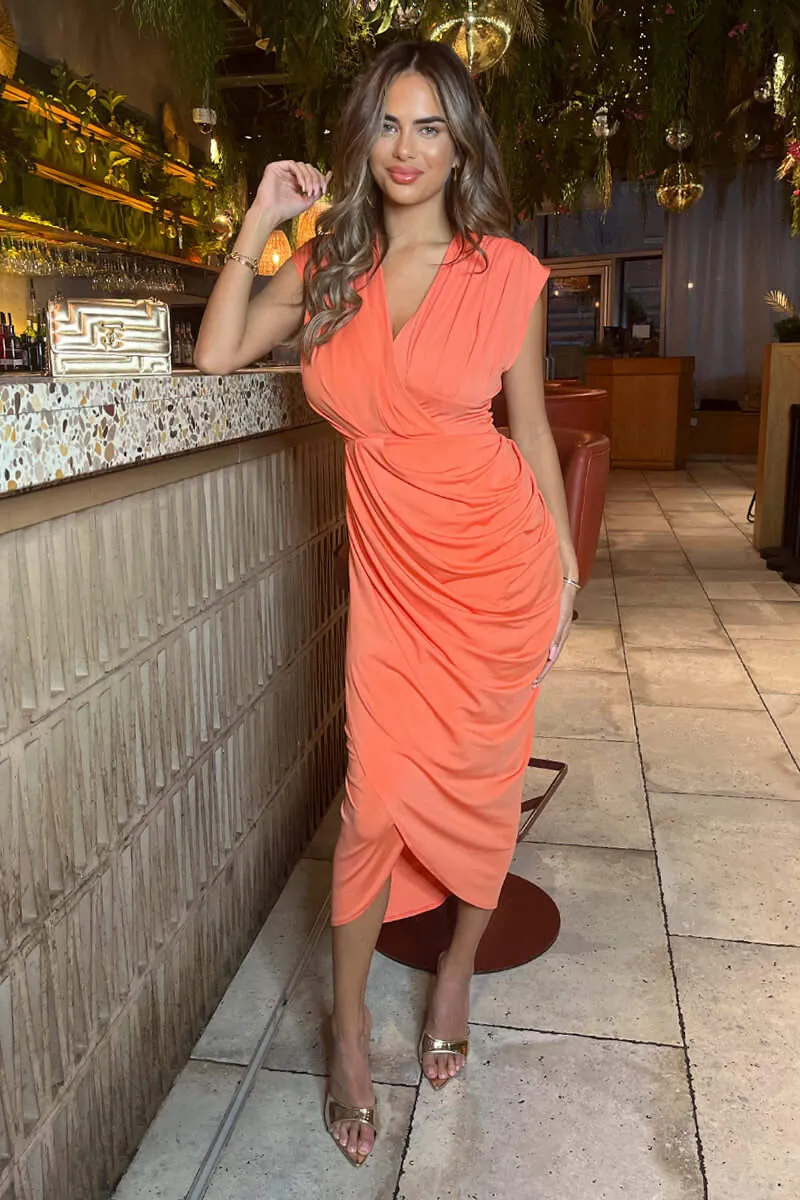 Peach Wrap Draped Midi Dress sold by AX Paris