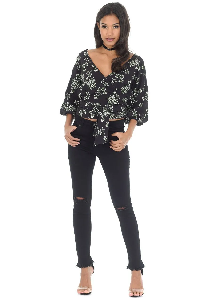 Black Floral Tie Bell Sleeved Top sold by AX Paris product image thumbnail 2