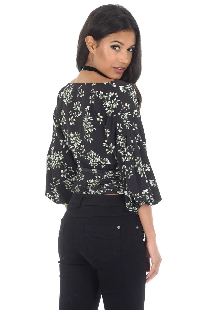 Black Floral Tie Bell Sleeved Top sold by AX Paris product image thumbnail 3