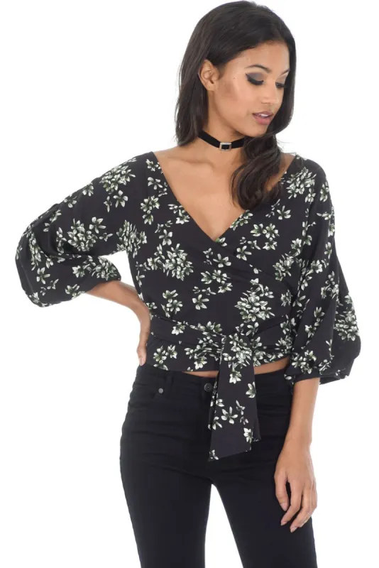 Black Floral Tie Bell Sleeved Top sold by AX Paris