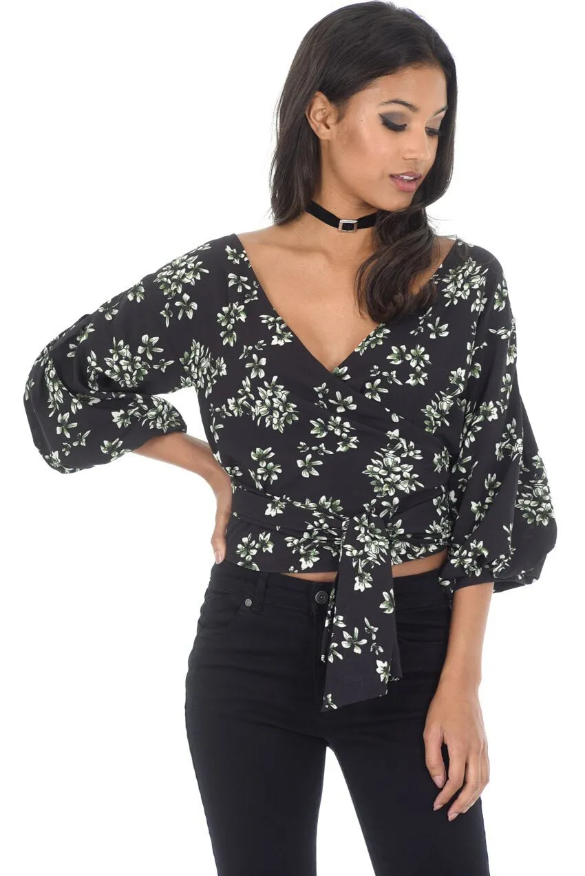 Black Floral Tie Bell Sleeved Top sold by AX Paris