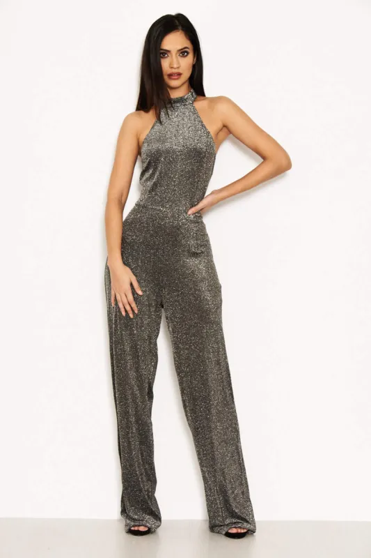 Silver Glitter High Neck Jumpsuit sold by AX Paris