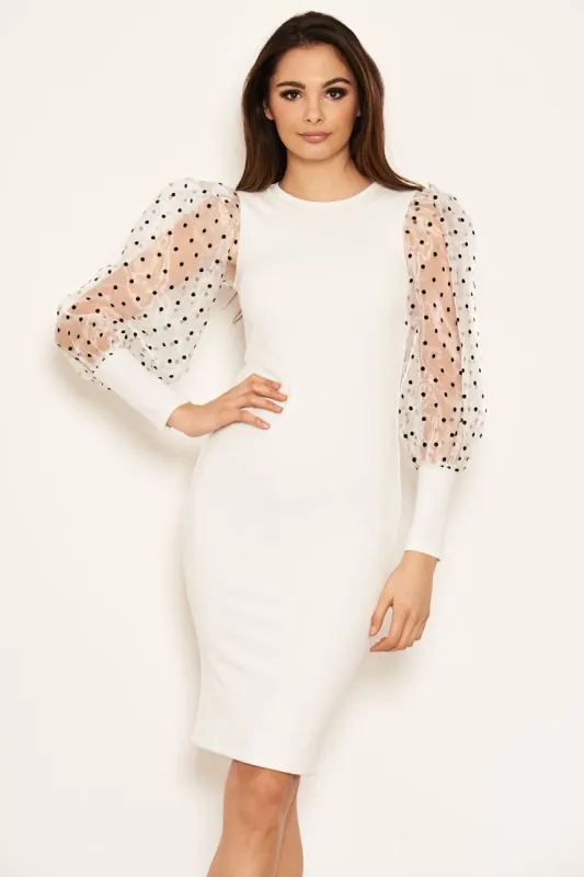 Cream Polka Dot Puff Sleeve Midi Dress sold by AX Paris