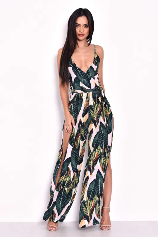 Leaf Print Wrap Front Jumpsuit sold by AX Paris