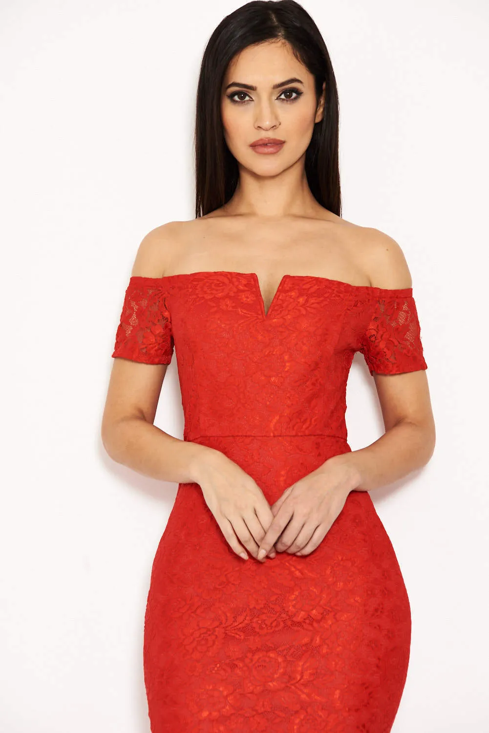 Red Lace Notch Front Detail Midi Dress sold by AX Paris product image thumbnail 4