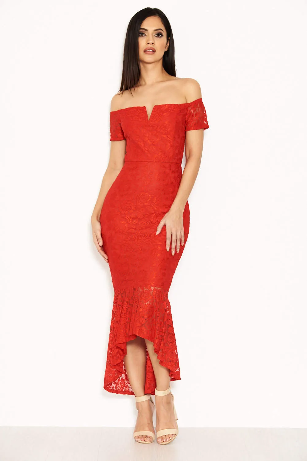 Red Lace Notch Front Detail Midi Dress sold by AX Paris