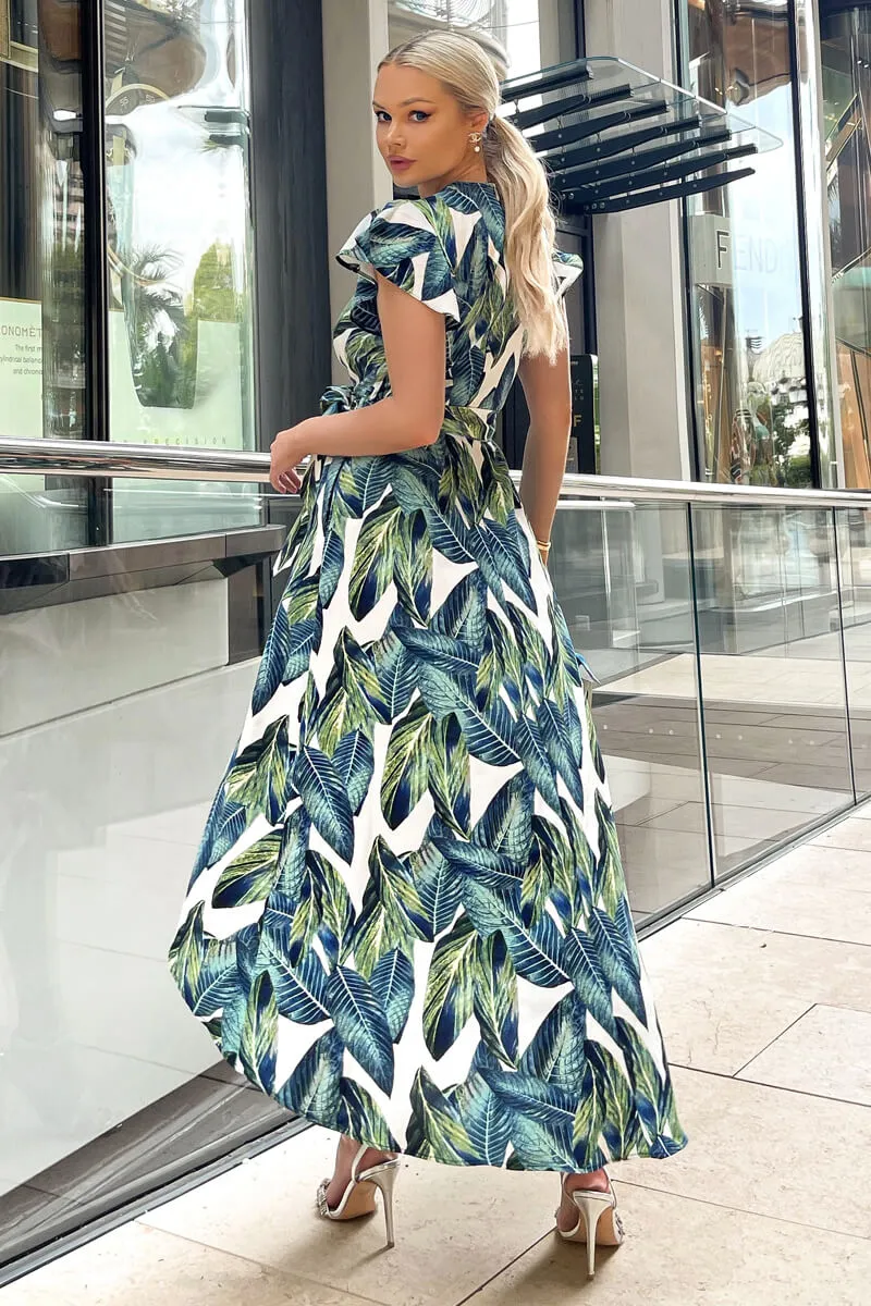 Blue Leaf Print Short Sleeve Belted Wrap Midi Dress sold by AX Paris product image thumbnail 4