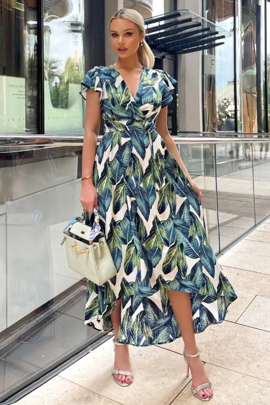 Blue Leaf Print Short Sleeve Belted Wrap Midi Dress sold by AX Paris