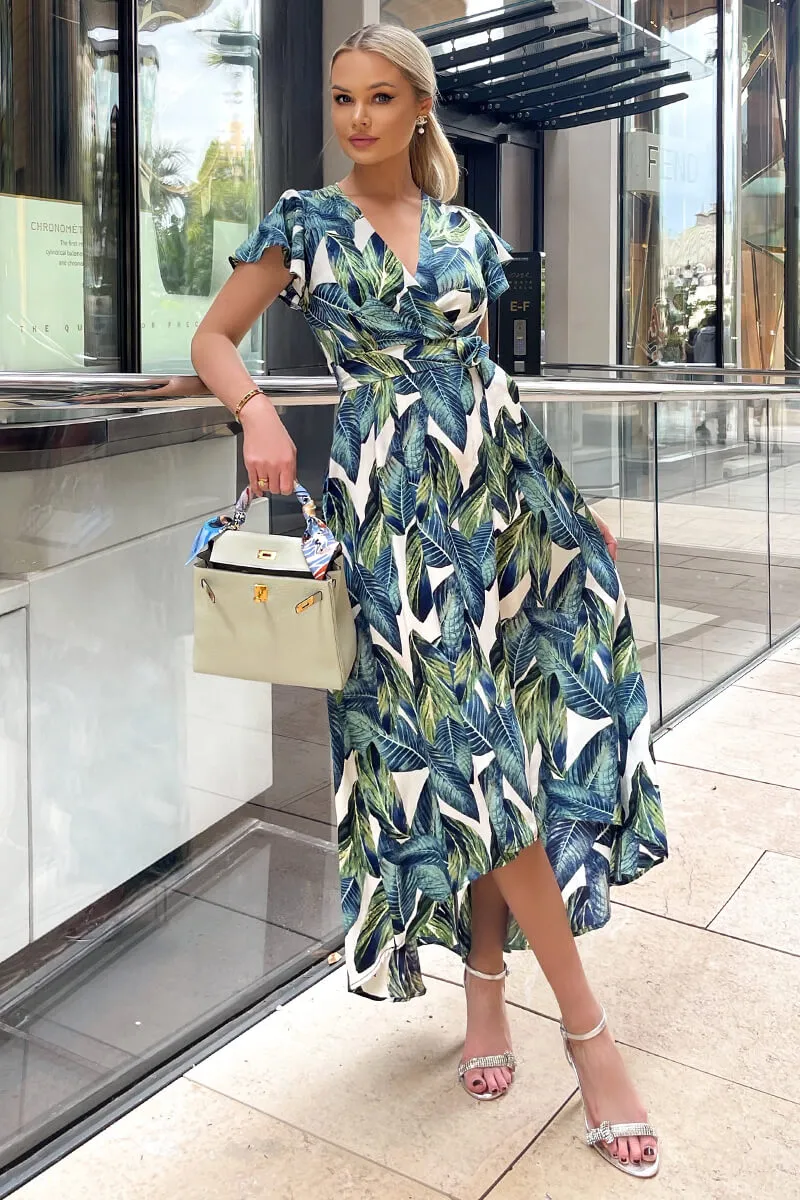 Blue Leaf Print Short Sleeve Belted Wrap Midi Dress sold by AX Paris product image thumbnail 2