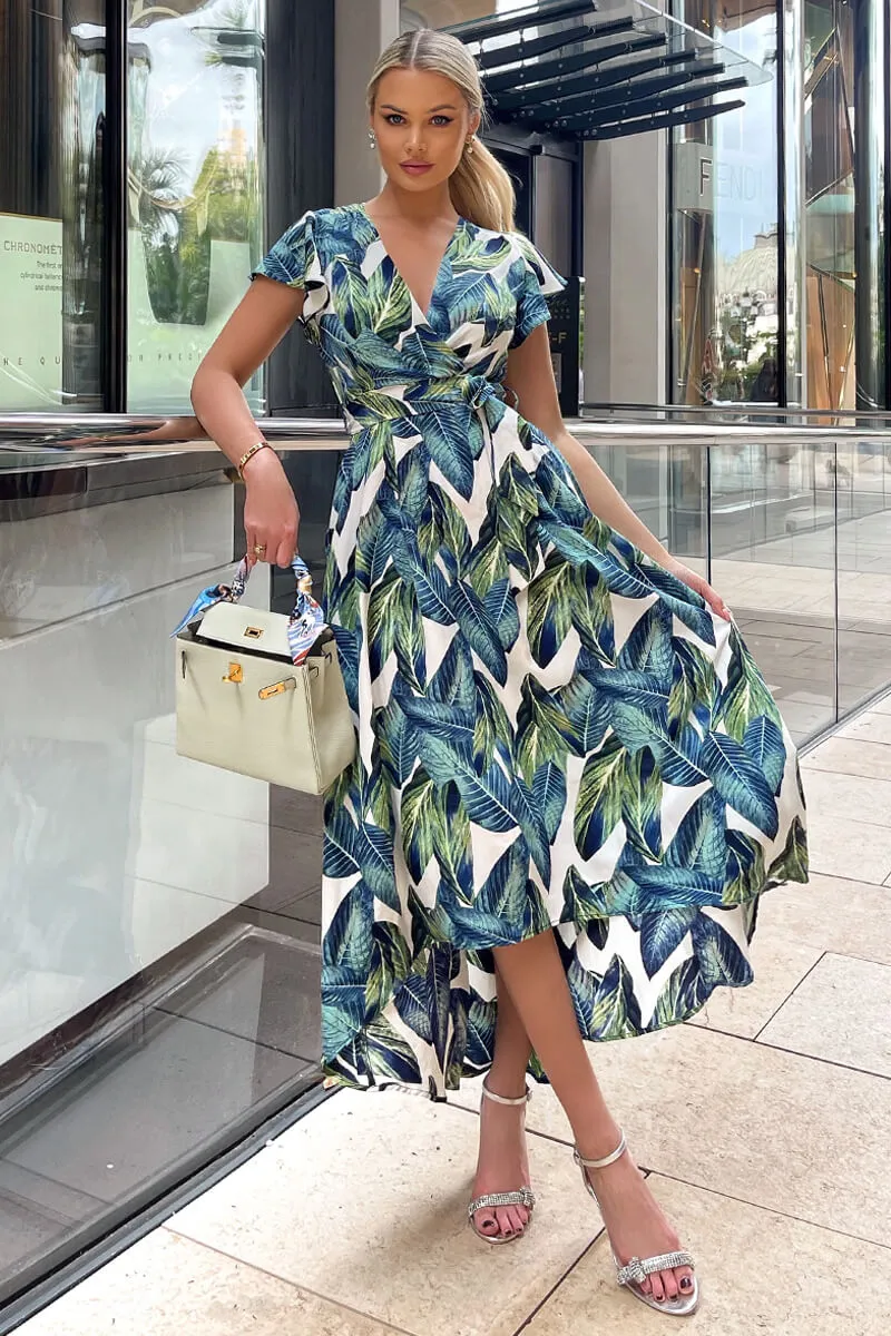 Blue Leaf Print Short Sleeve Belted Wrap Midi Dress sold by AX Paris product image thumbnail 3