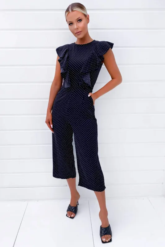 Black Polka Dot Frill Panel Jumpsuit sold by AX Paris