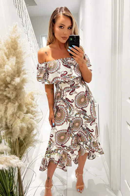 Cream Paisley Printed Bardot Style Midi Dress sold by AX Paris
