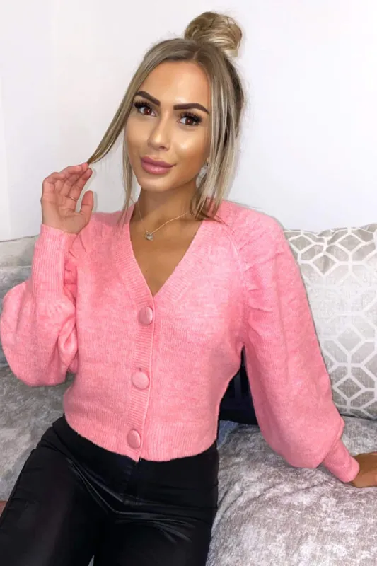 Pink Cropped Button Up Cardigan sold by AX Paris