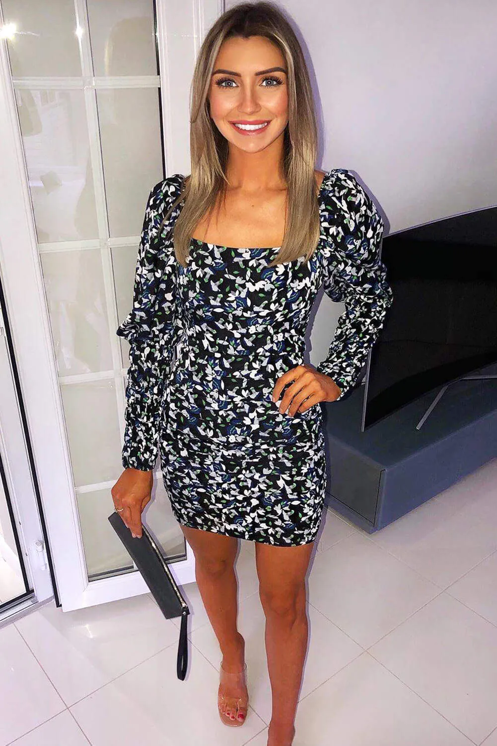 Black Floral Shirred Puff Sleeve Dress sold by AX Paris product image thumbnail 2