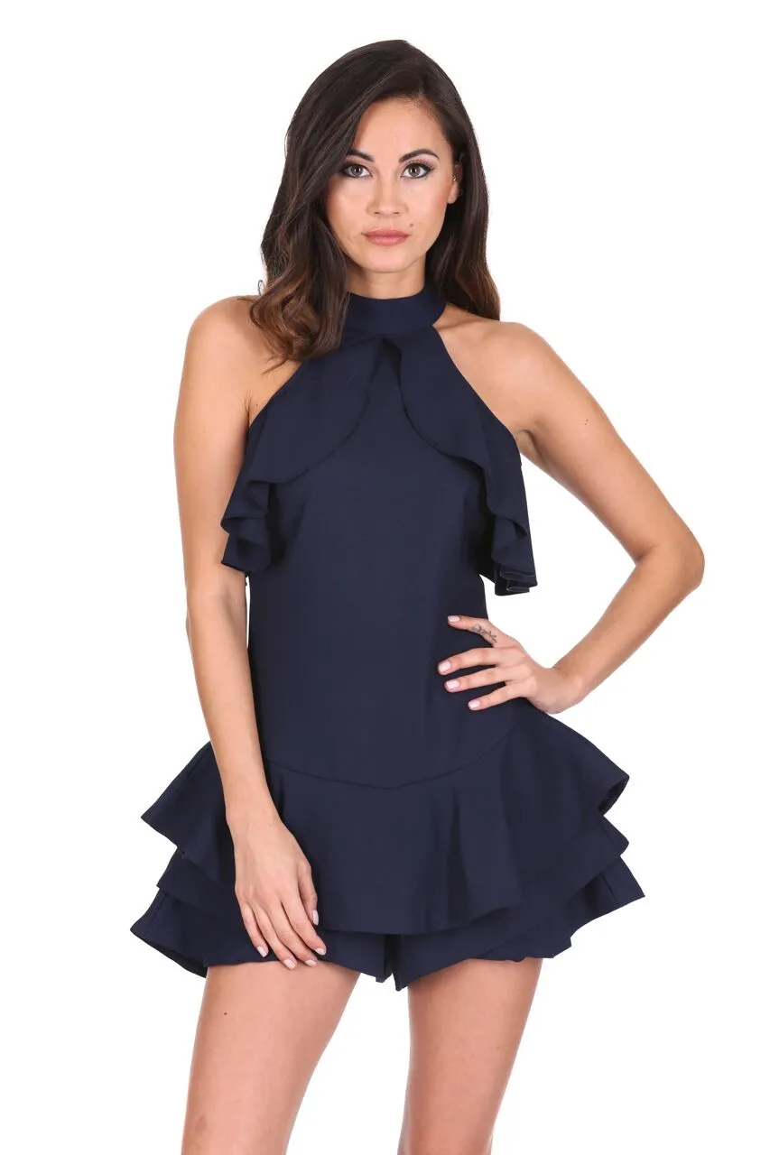 Navy Choker Neck Frill Detail Playsuit sold by AX Paris