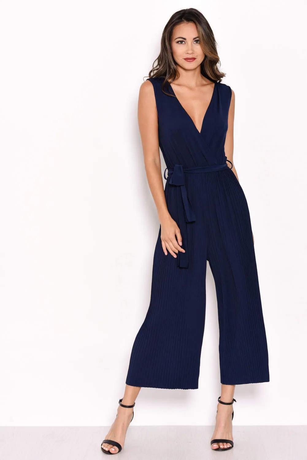 Navy Culotte Pleated Tie-Waist Jumpsuit sold by AX Paris