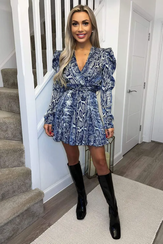 Blue Snake Print Long Puff Sleeve Mini Dress sold by AX Paris