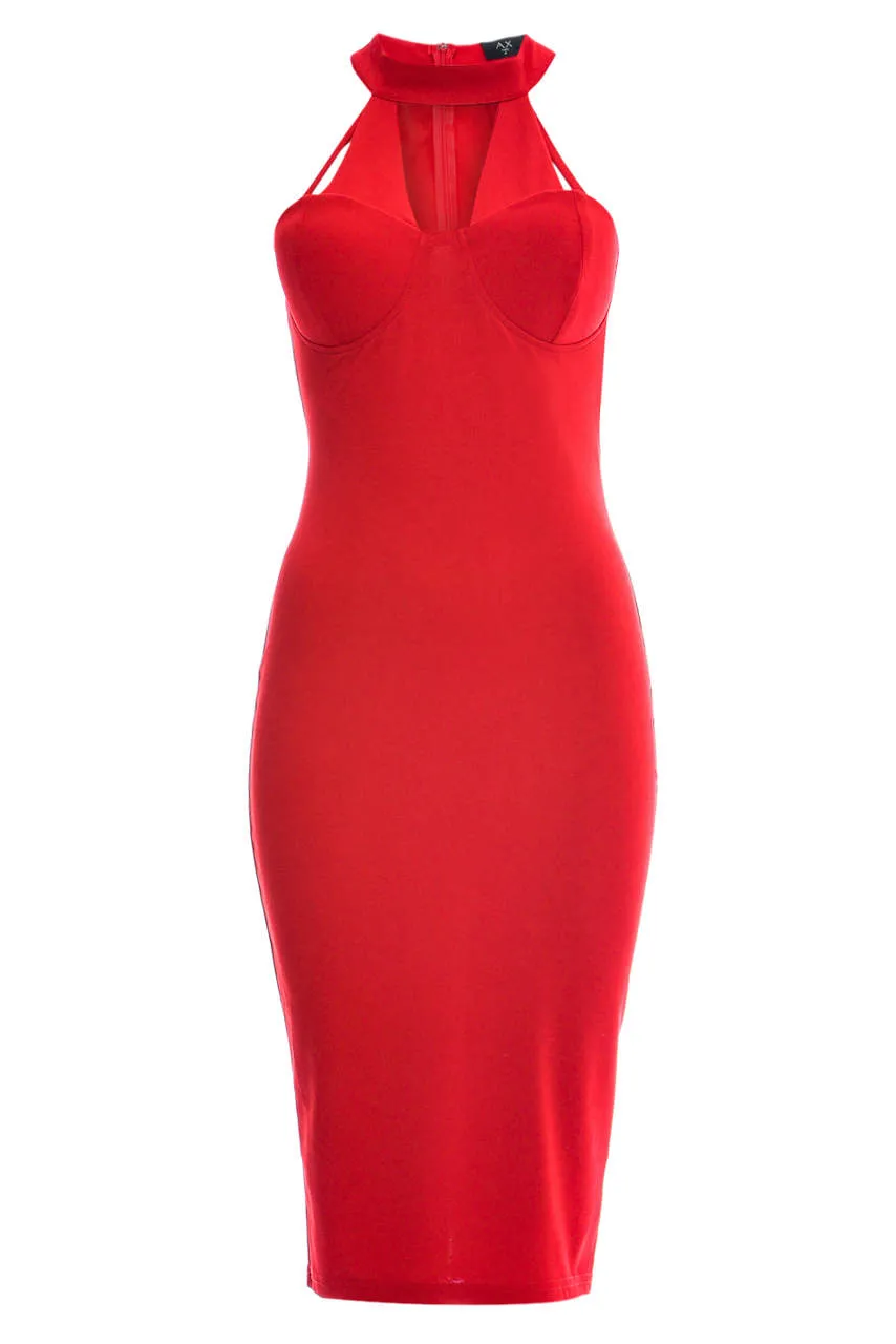 Red Bodycon Midi Dress with Choker Harness sold by AX Paris product image thumbnail 4