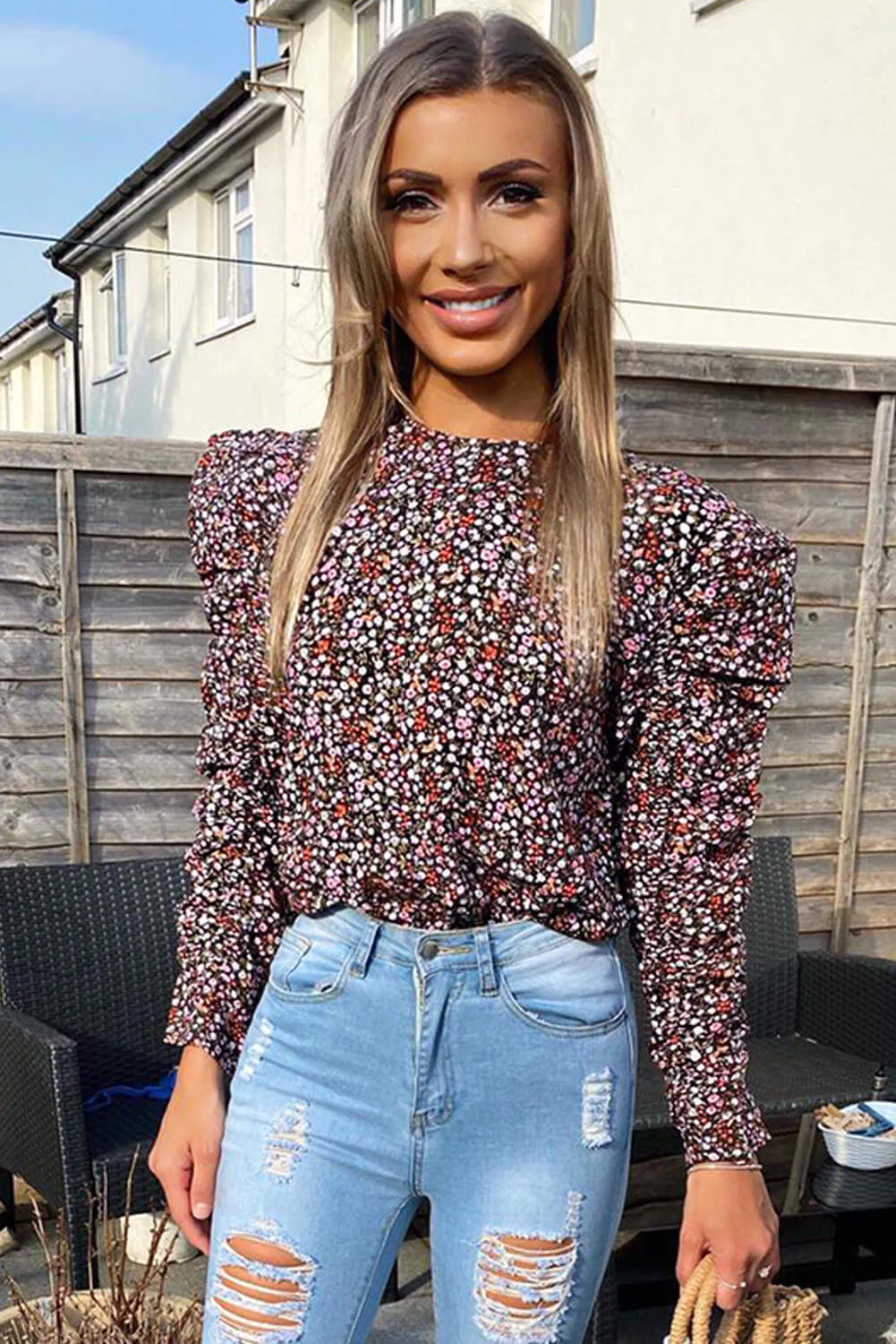 Black Floral Ditsy Frill Top sold by AX Paris