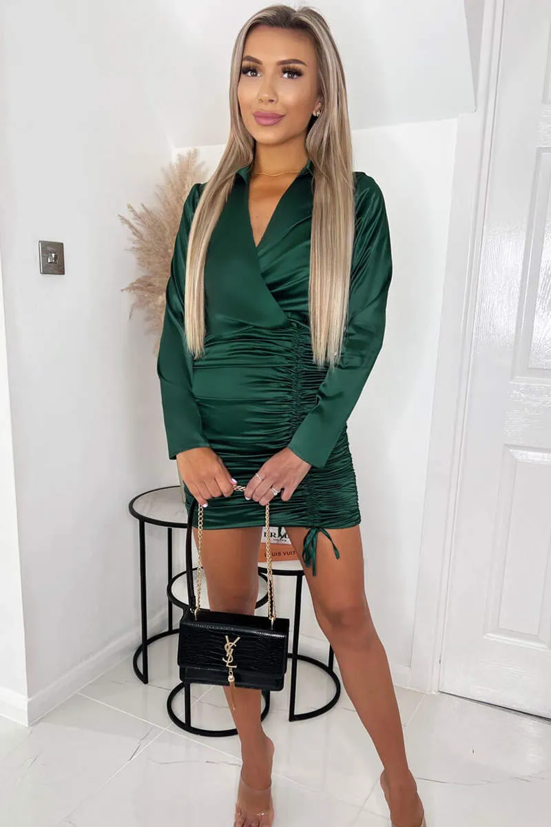 Jade Green Satin Long Sleeve Wrap Top Ruched Mini Dress sold by AX Paris product image thumbnail 3