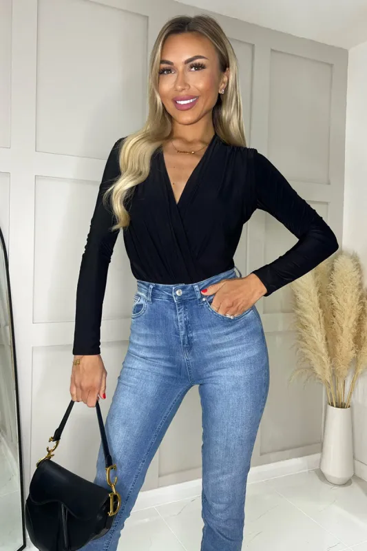 Black Wrap Top Long Sleeve Slinky Bodysuit sold by AX Paris