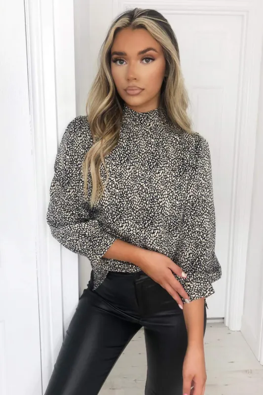 Black Printed High Neck Cuff Top sold by AX Paris