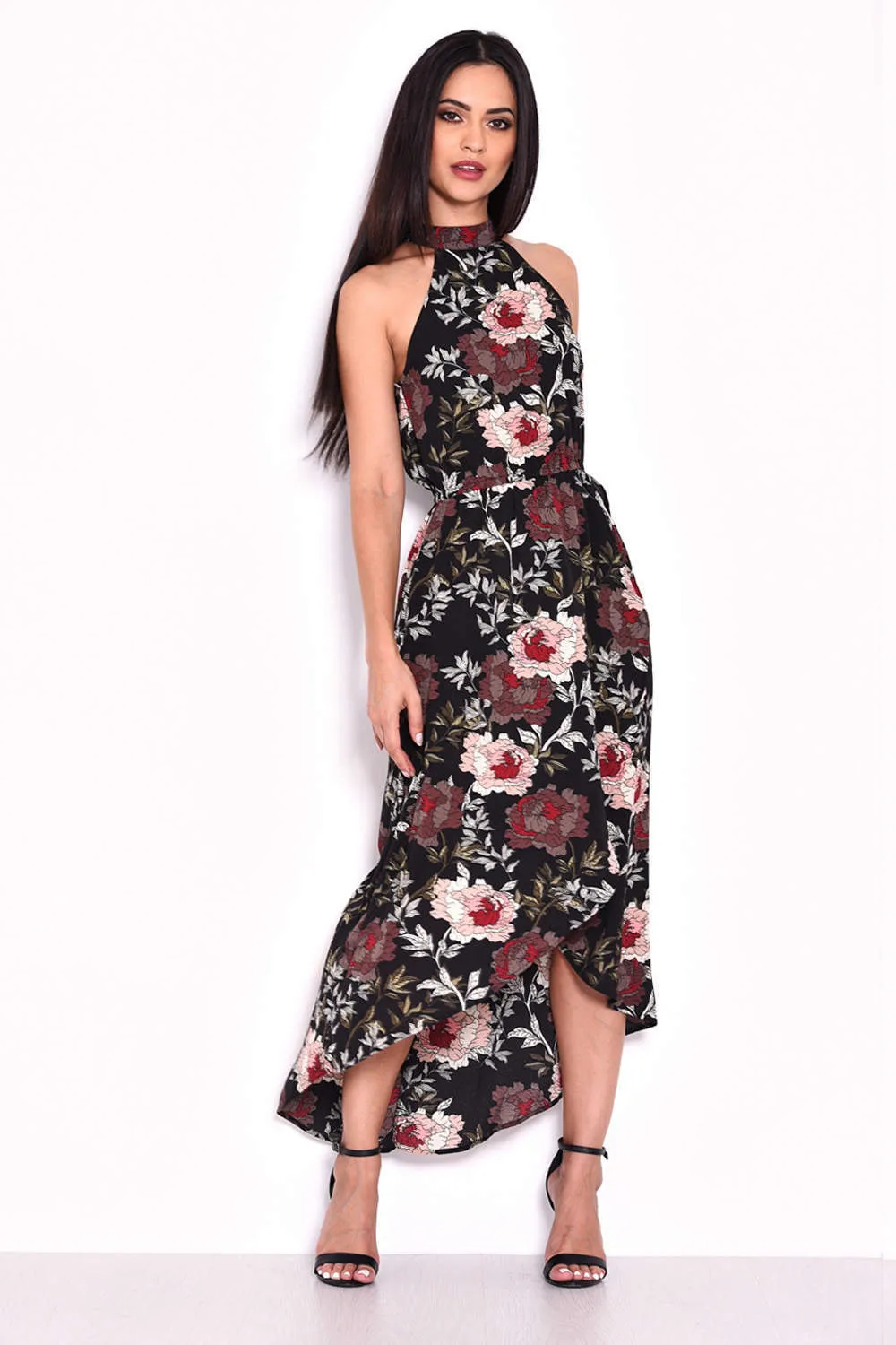 Black Floral Asymmetric Choker Neck Midi Dress sold by AX Paris product image thumbnail 4