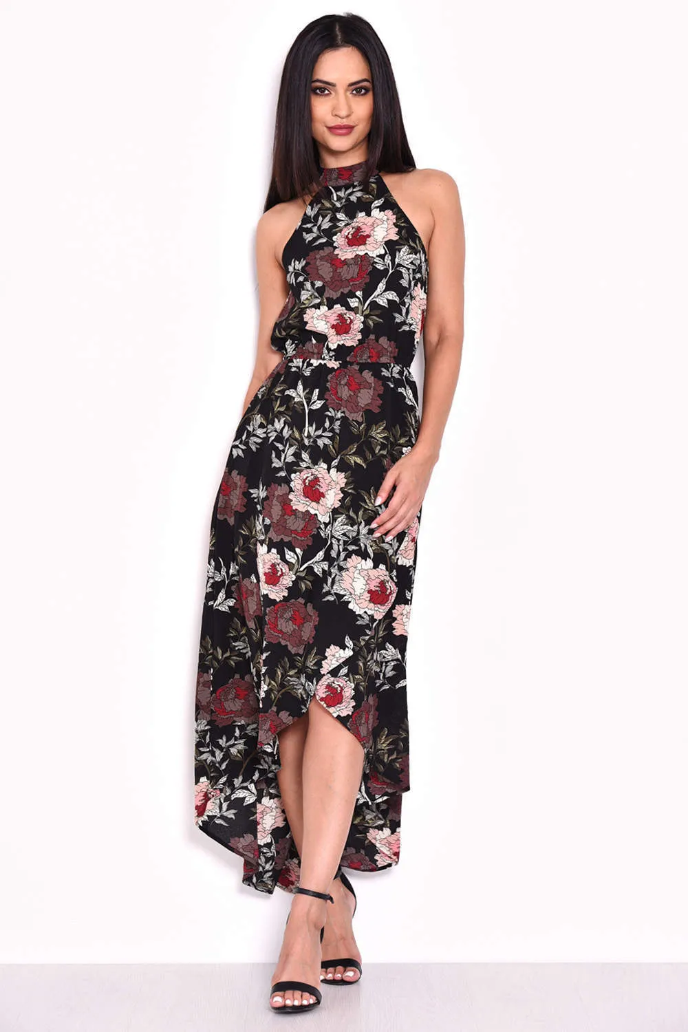 Black Floral Asymmetric Choker Neck Midi Dress sold by AX Paris