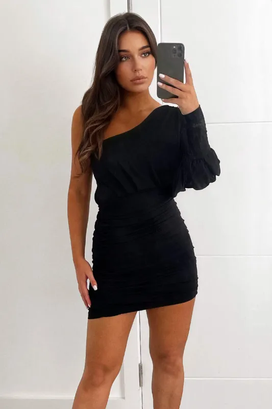 Black One Sleeve Ruched Mini Dress sold by AX Paris