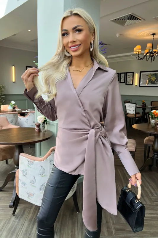 Taupe Satin Tie Waist Wrap Shirt sold by AX Paris