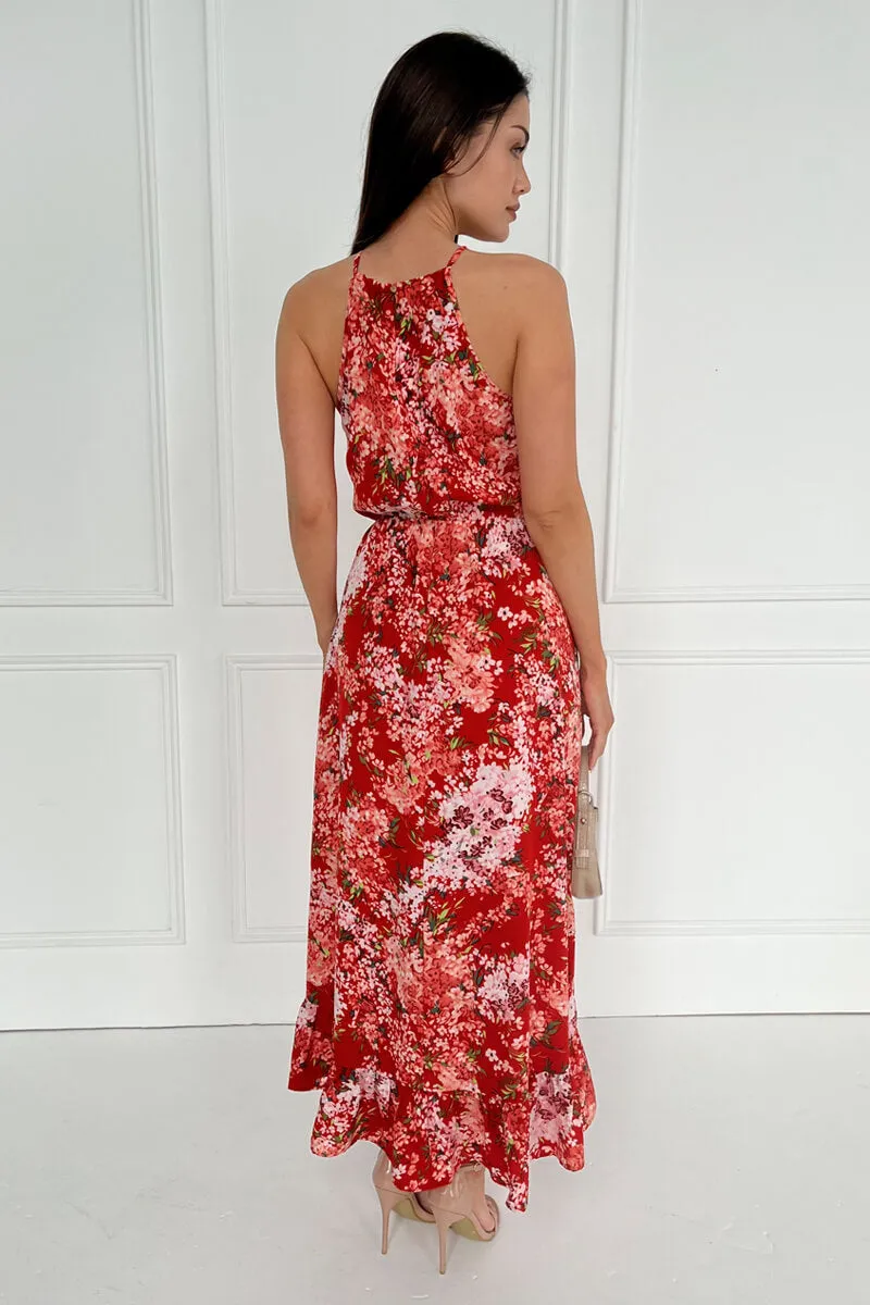 Red Floral Printed Frill Hem High Neck Midi Dress sold by AX Paris product image thumbnail 5