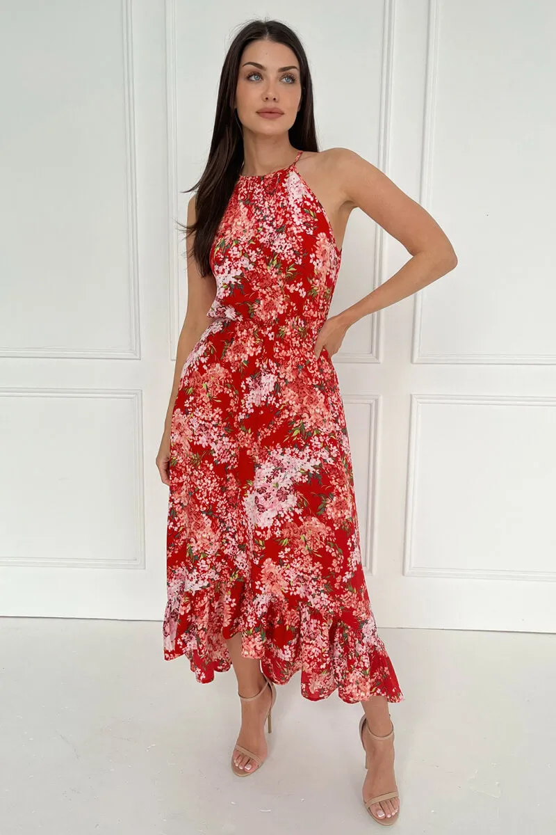 Red Floral Printed Frill Hem High Neck Midi Dress sold by AX Paris product image thumbnail 2