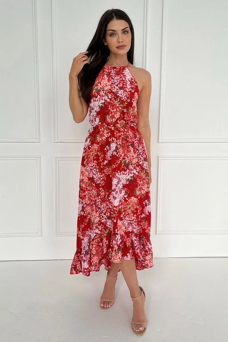 Red Floral Printed Frill Hem High Neck Midi Dress sold by AX Paris product image thumbnail 3