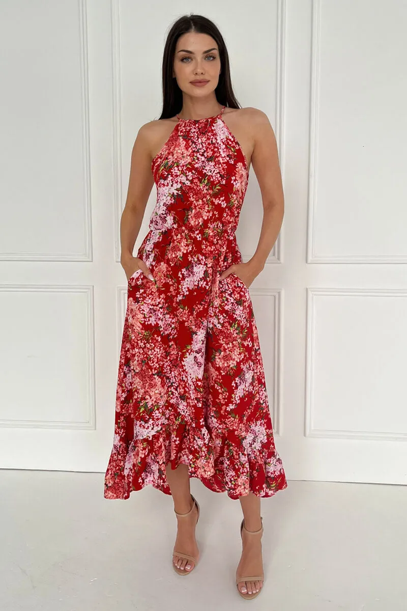Red Floral Printed Frill Hem High Neck Midi Dress sold by AX Paris product image thumbnail 4