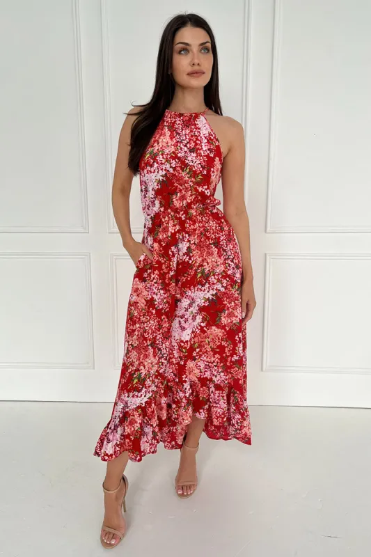 Red Floral Printed Frill Hem High Neck Midi Dress sold by AX Paris