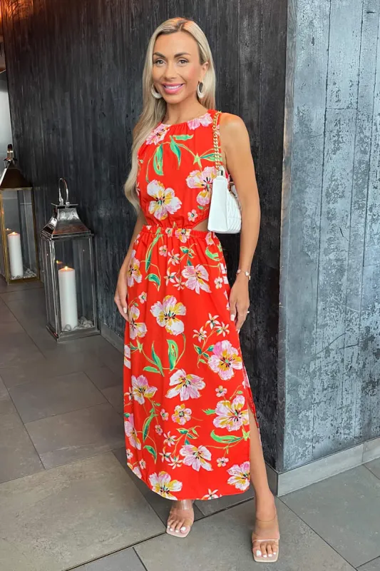 Orange Floral Cut Out Waist Midi Dress sold by AX Paris
