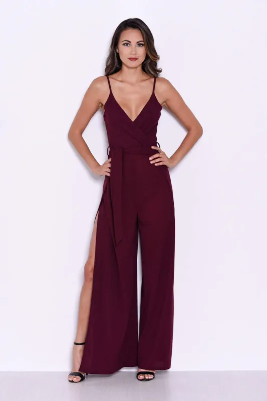 Plum Wide Leg Thigh Split Jumpsuit sold by AX Paris