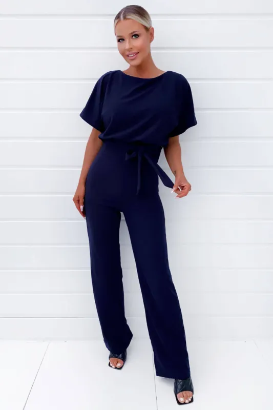 Navy Tie Waist Jumpsuit sold by AX Paris