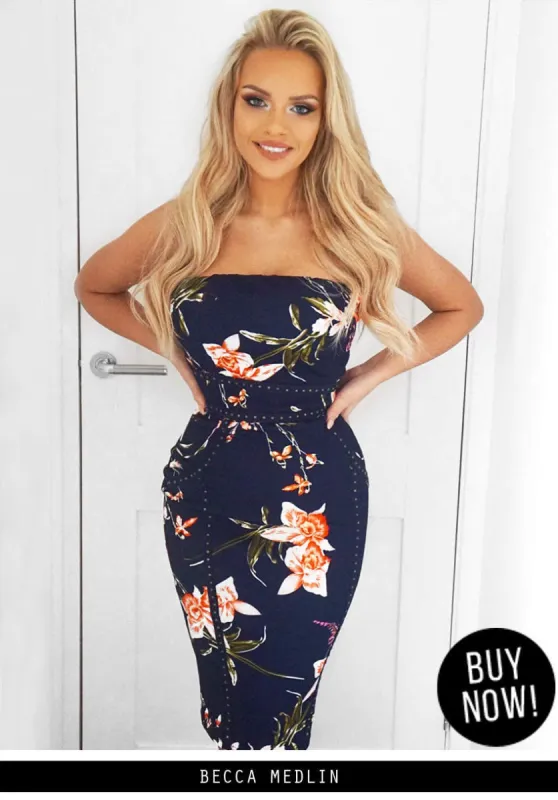 Navy Floral Bandeau Bodycon Midi Dress sold by AX Paris