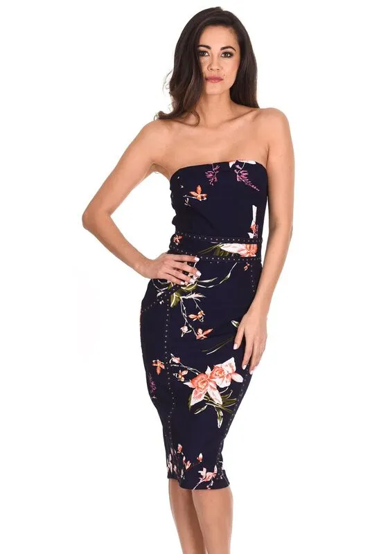 Navy Floral Bandeau Bodycon Midi Dress sold by AX Paris product image thumbnail 5
