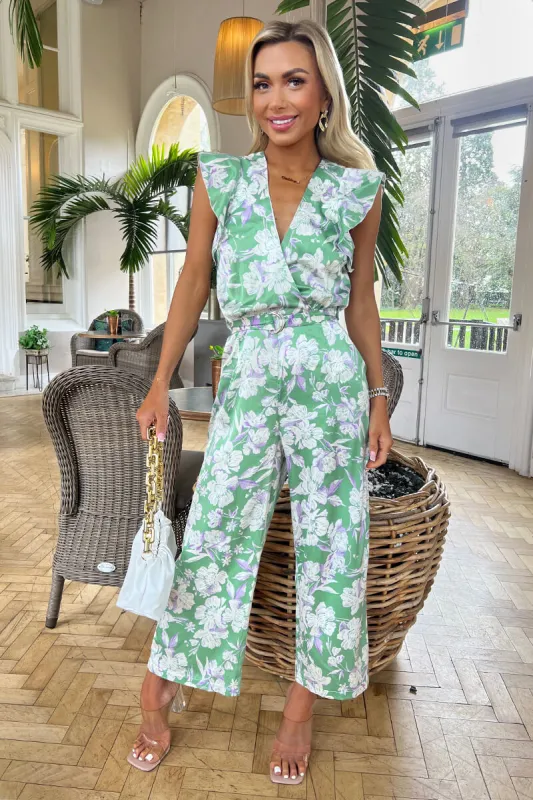 Green Printed Wrap Front Frill Sleeve Belted Jumpsuit sold by AX Paris