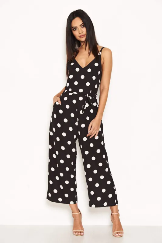 Black Polka Dot Tie Waist Jumpsuit sold by AX Paris