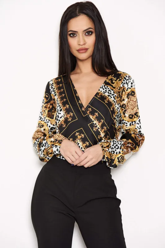 Black Printed Wrap Bodysuit sold by AX Paris