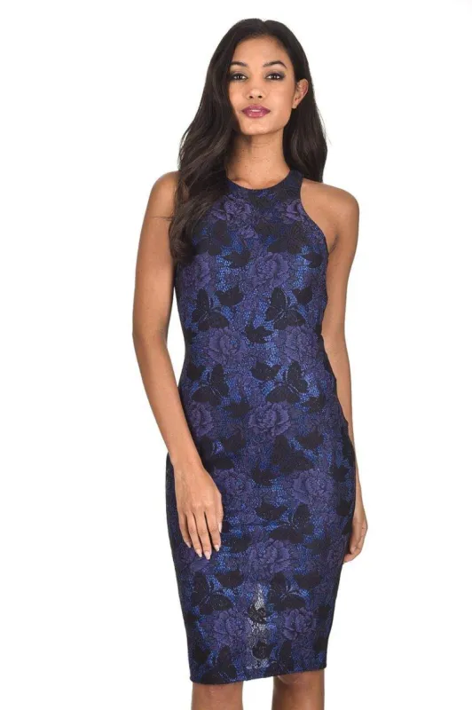 Blue Cut In Neck Metallic Bodycon Dress sold by AX Paris