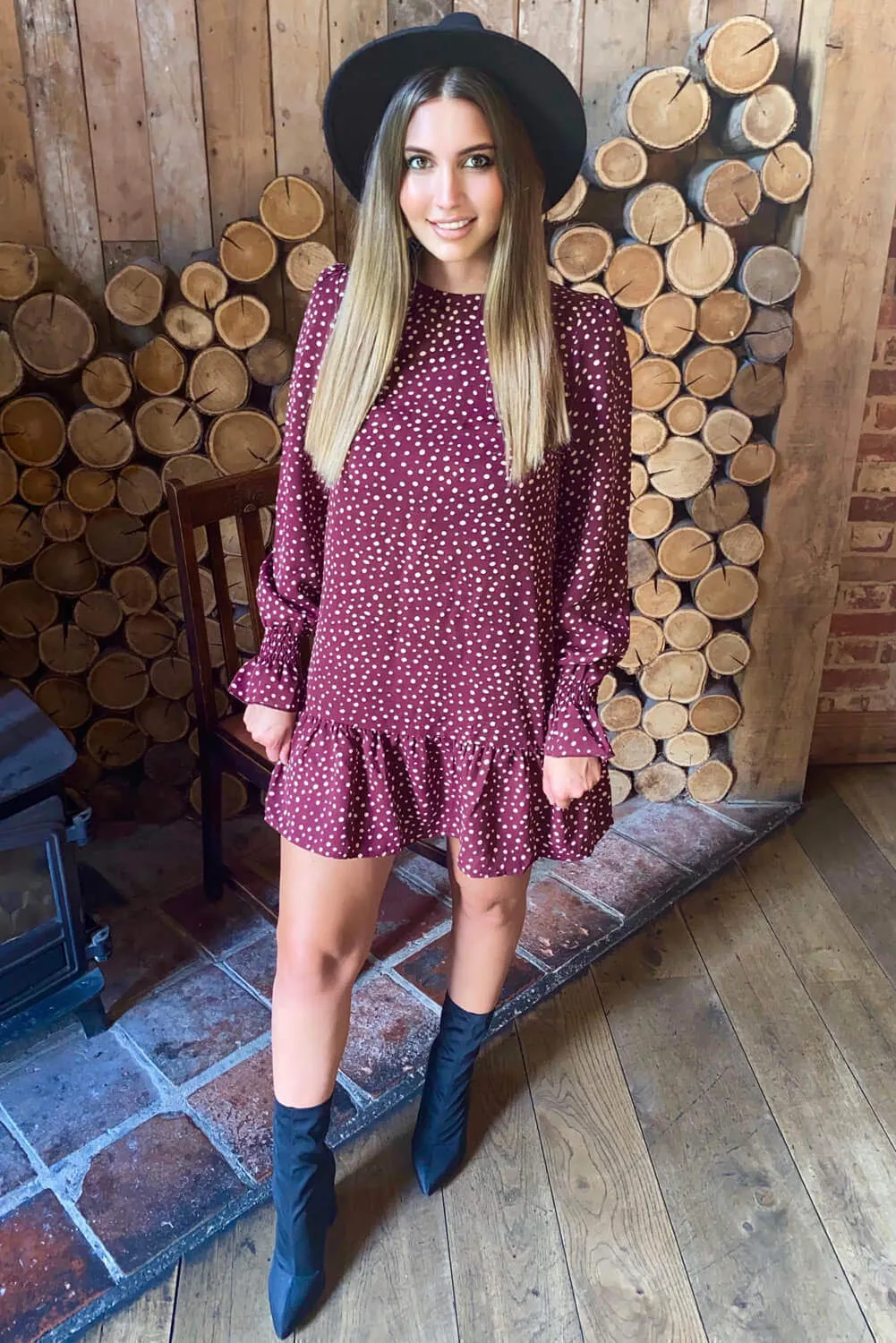 Plum Polka Dot Printed Shift Dress sold by AX Paris