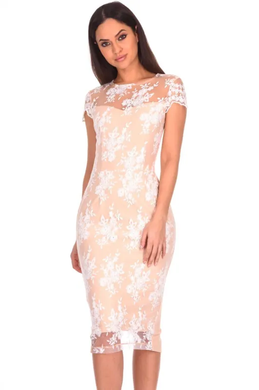 Nude Floral Lace Midi Dress sold by AX Paris