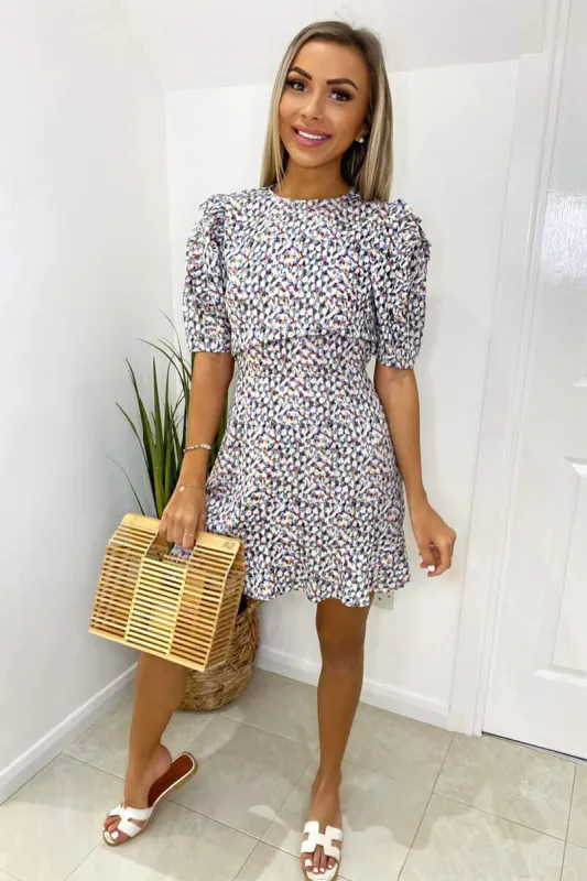 Grey Multi Abstract Pleat Sleeve Dress sold by AX Paris